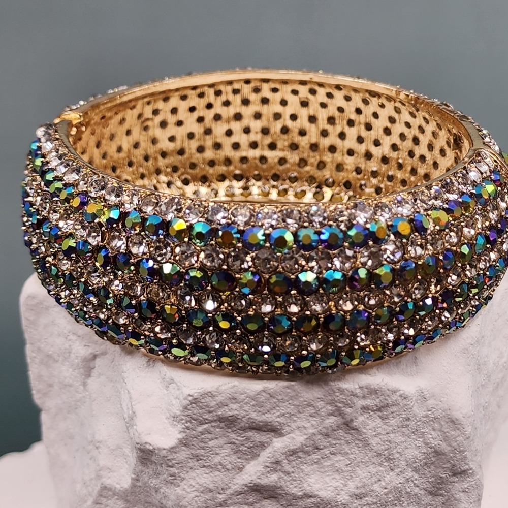 Aurora Borealis Rhinestone Wide Hinged Bangle Bracelet Gold Tone Glam Statement